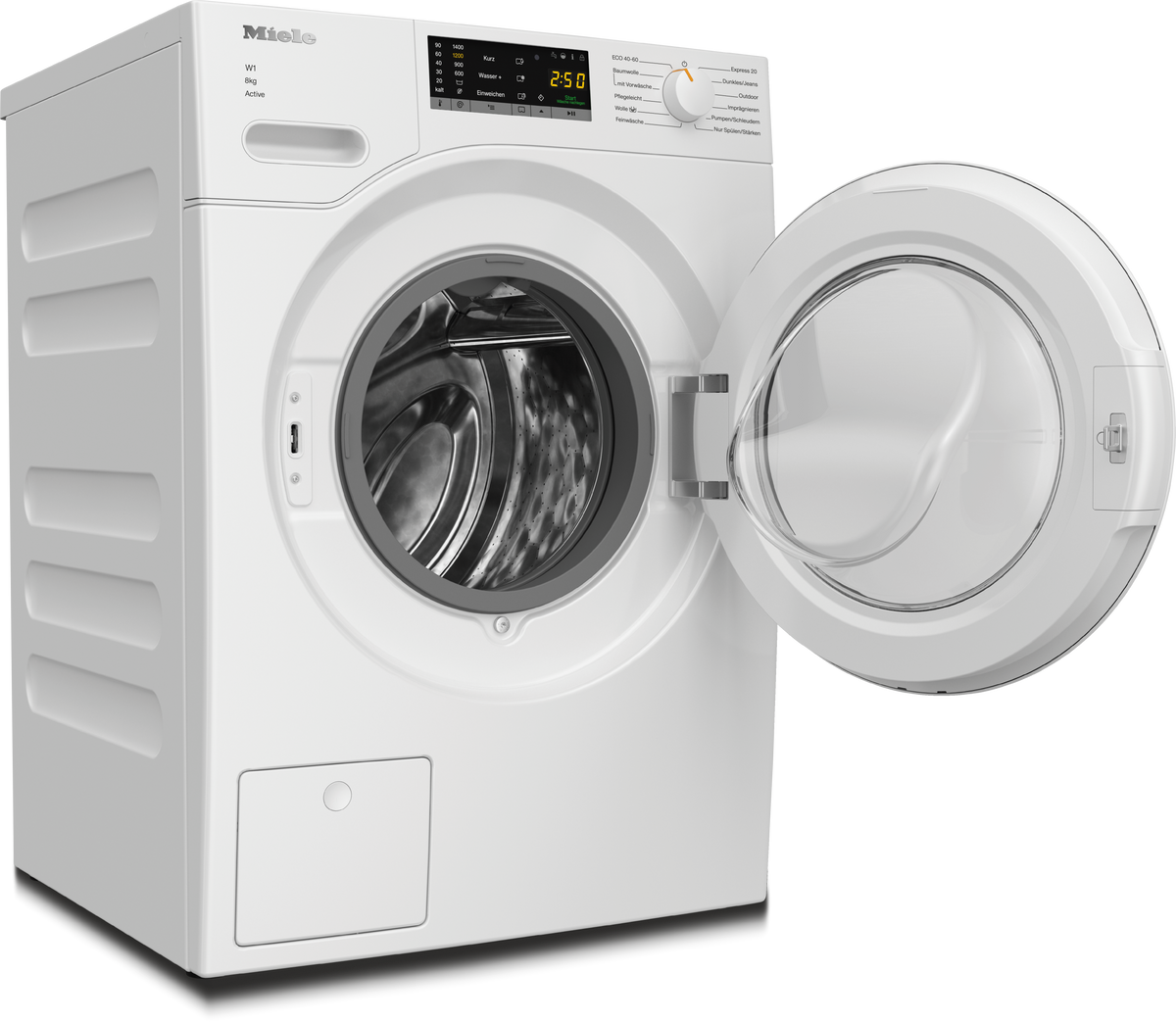 Miele WWA120 WCS Active Waschmaschine – 8 kg, 1.400 U/min, Weiß – Ansicht mit geöffneter Trommeltür