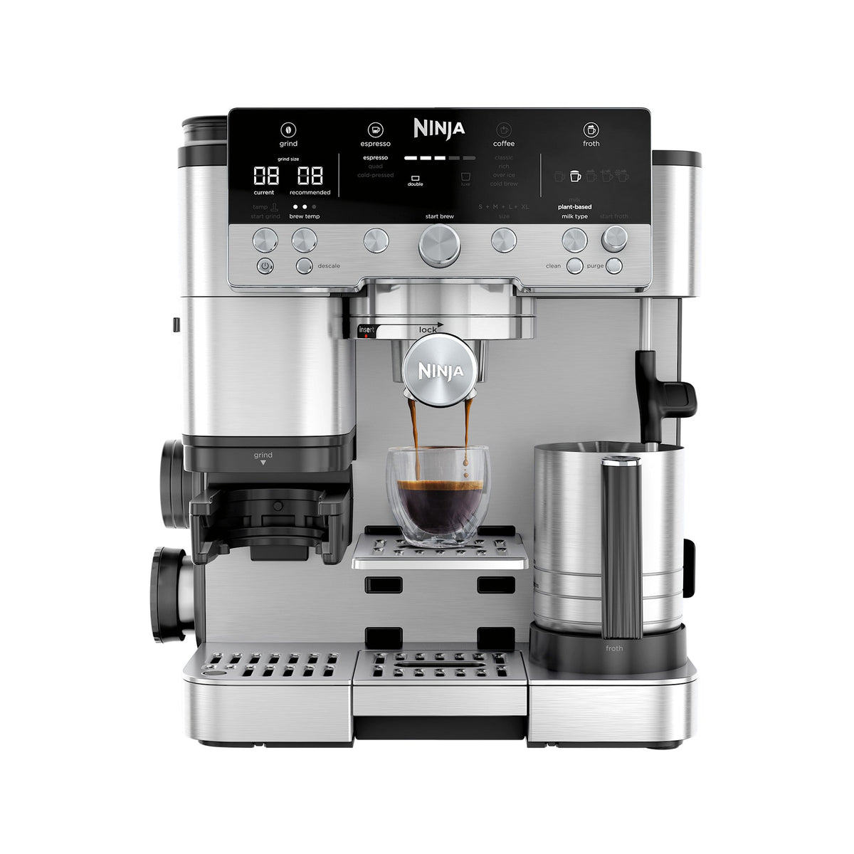 Ninja Luxe Café Premier Plus ES655EU in Silber mit Siebträger und Milchkännchen